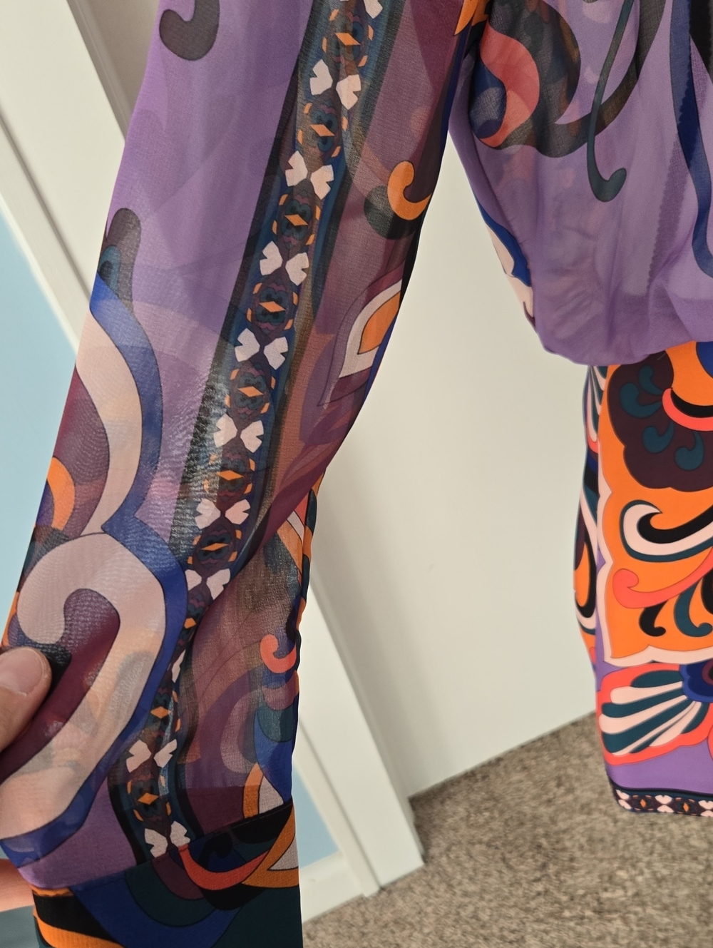 Zara Bright Multicolor Print Mini Blouson Dress Long Sleeves Neck Tie Fitted L - Picture 5 of 11